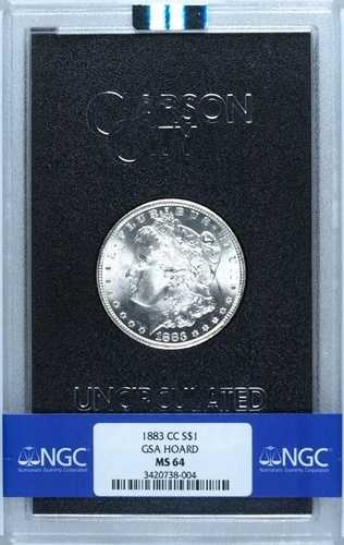 1883年 CC S$1 GSA ホード MS 64 モルガン シルバー ドル コイン。NGC 証明書: 3420738-004