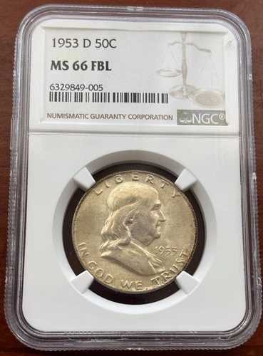 ????1953 D フランクリン ハーフ ダラー フル ベル レングス、NGC により MS66 と評価。