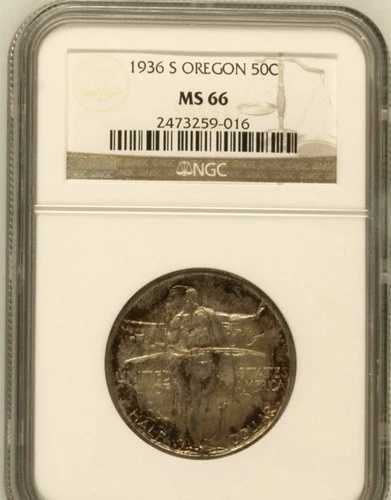 1936-S オレゴン記念ハーフドル 50セント PCGS MS66 クレイジートーニング 美品コイン