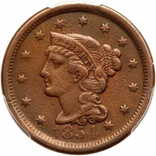 1854 N-30 R-5+ PCGS XF 詳細 編み込みヘア ラージセントコイン 1セント