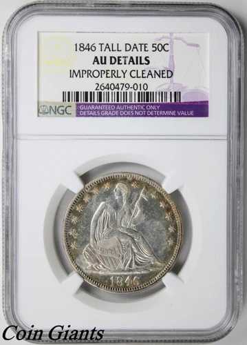 1846年 トールデイト シーテッド リバティ ハーフダラー NGC AU 詳細 トーニングシルバー 50セントコイン