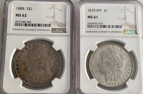 2- NGC アメリカ モルガン銀貨、1878 8TF NGC MS 61、1888 MS 62