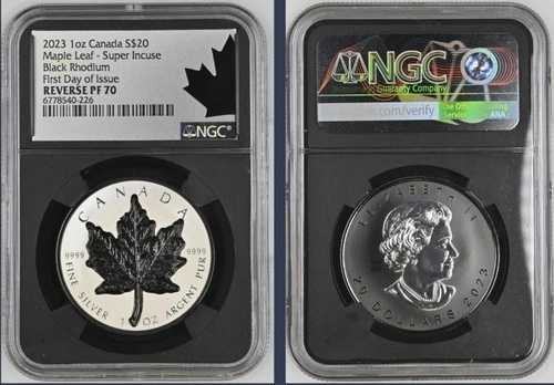 2023年 カナダ 20ドル 1オンス シルバー メープルリーフ 刻印 ブラックロジウム NGC リバース PF70 FDOI