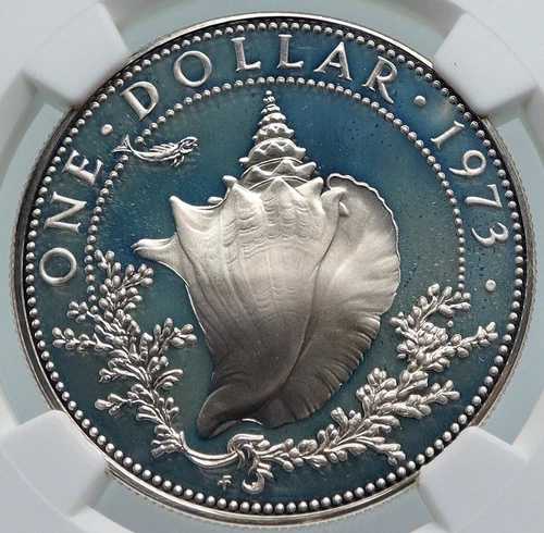 1973年 バハマ エリザベス2世 コンク ヴィンテージ オールド プルーフ シルバー ドルコイン NGC i85984