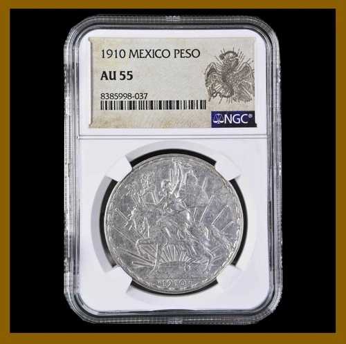 メキシコ 1ペソ銀貨、1910年記念独立記念馬 NGC AU 55