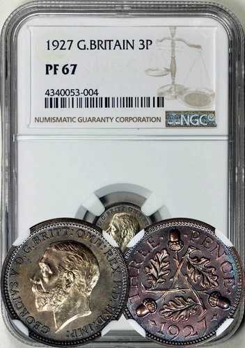イギリス ジョージ5世 1927年 3ペンス NGC PF-67。虹色のトーン。プルーフ入り希少品！