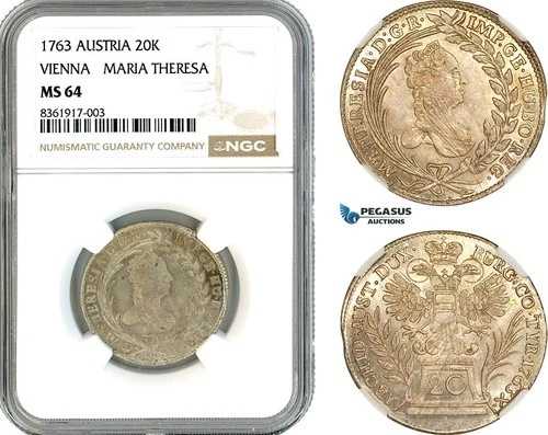 A11-029、オーストリア、マリアテレジア、20 Kreuzer 1763、ウィーン造幣局、NGC MS64