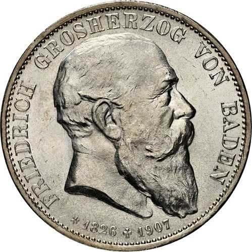 5マルク 1907年 バーデン帝国 フリードリヒ1世死去 銀貨 NGC MS63 (1887)-
