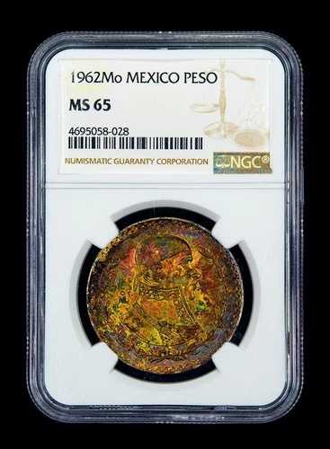 1962年Mo メキシコ ペソ NGC MS65 モンスターレインボートーン インセンカラートーニング-