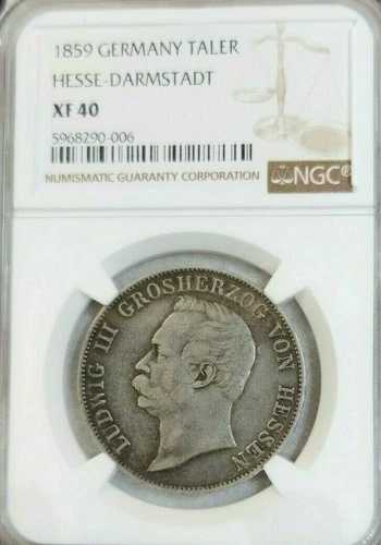 1859年 ドイツ シルバー 1 ターラー ヘッセン ダルムシュタット NGC XF 40 非常に希少 トップポップ 1