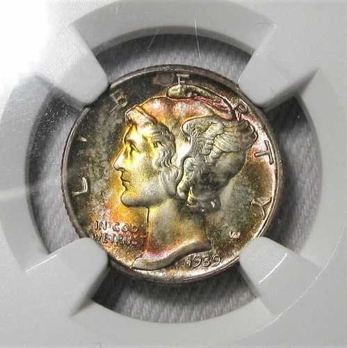 1939-D マーキュリーダイム レインボートーン NGC MS66 FB認定コイン AG977