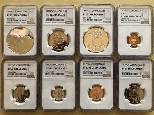 ソロモン諸島 1979年 プルーフコイン8枚セット Ag$5 & $10 ボックス COA NGC PF70-68