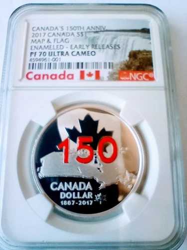 2017年 S$1 カナダ建国150周年記念 地図と国旗 エナメル加工 NGC PF70 UC 早期リリース pop 6