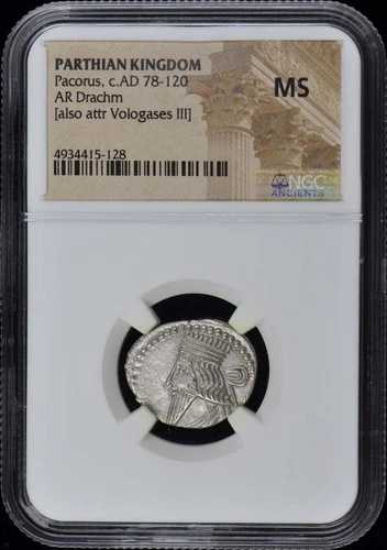 パコルス、紀元後78-120年頃 パルティア王国 AR ドラクマ NGC MS60