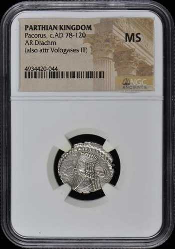 パコルス、紀元後78-120年頃 パルティア王国 AR ドラクマ NGC MS60