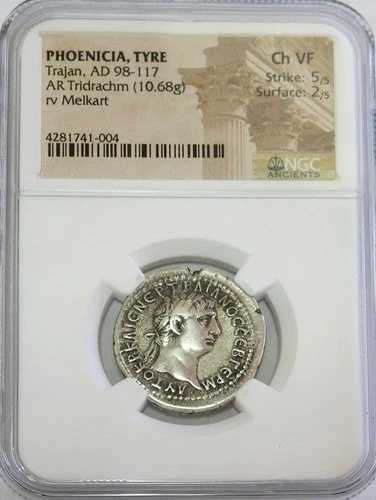 西暦98~117年 フェニキア・ティルス トラヤヌス帝 トリドラクマ メルカルト コイン NGC チョイス 非常に良好な状態|WORLD RESOURCE【QUEEN店】