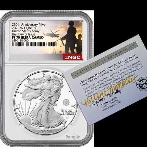 2025 W プルーフ $1 米陸軍 プライベート シルバー イーグル NGC PF70 初日署名証明書%