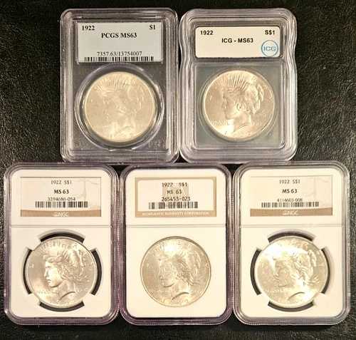 1922年ピースシルバードル5枚セット、スラブNGC MS 63、フロスティミラーライク 117,700円