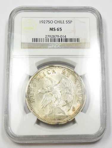 1927年 NGC MS65 チリ - 銀貨 シンコ・ペソ - 5ペンス硬貨 #33908A｜WORLD RESOURCE【QUEEN店】 117,700円