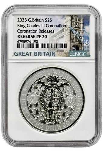 2023年 英国 シルバー 5ポンド チャールズ3世戴冠式 2オンス NGC リバース PF70