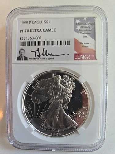 1999年 Pイーグル銀貨 PF 70 ウルトラカメオ NGC トーマス・ウラム直筆サイン|WORLD RESOURCE【QUEEN店】