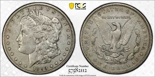 1893年 P モルガン シルバー ダラー PCGS 純正 - VF 詳細 (92 - クリーニング済み) 2112