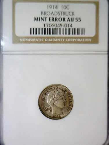 1914年製 エラー NGC AU55 幅広刻印 オフセンター バーバー シルバー ダイム 美品 O/C BS コイン