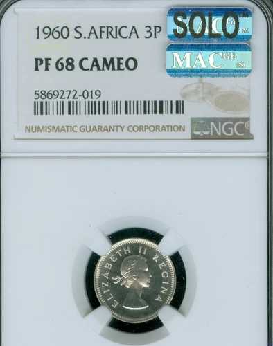 1960年 南アフリカ 3ペンス NGC PF68 カメオ マックソロ 最高グレード＆スポットレス *