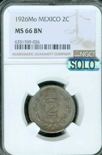 1926年 メキシコ 2センターボ NGC MS66 BN MAC SOLO 最高級グレード 非常に希少 *