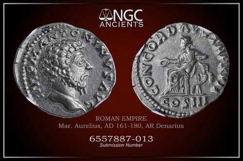 マルクス・アウレリウス NGC Ch VF ローマコイン、AD 161-180。 AR デナリウス。 A1111