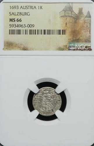 1693年、オーストリアのザルツブルク。シルバークロイツァー.NGC MS66 。レアグレード