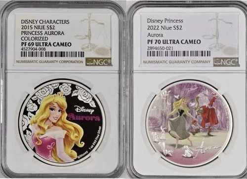 ディズニー 眠れる森の美女 オーロラ姫 2枚セット .999 2015/2022 ニウエ NGC PF69/70 UC｜WORLD RESOURCE【QUEEN店】 120,450円