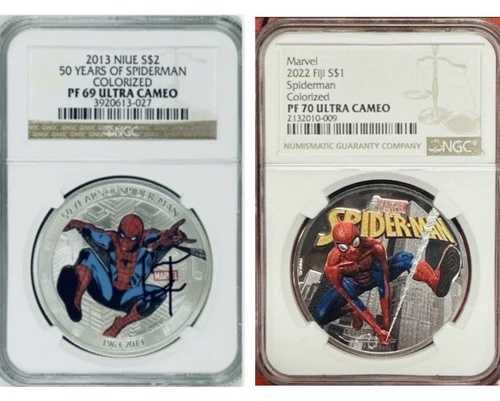 スパイダーマン .999 シルバーコイン 2枚 2013 NGC 50周年記念 PF69 UC & 2022 マーベル PF70 UC