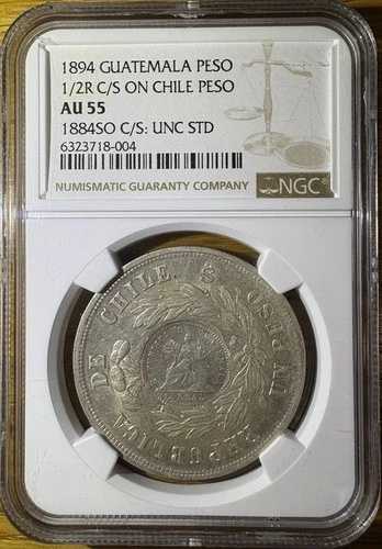 1894年グアテマラ・ペソのカウンターマーク、1884年チリ・ペソNGC AU55グレーディング銀貨