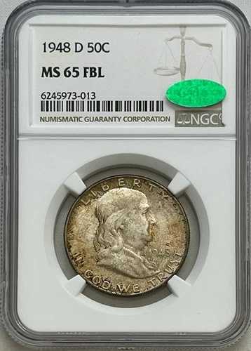 1948年 D フランクリン ハーフダラー NGC MS 65 FBL トーニング加工 旧CACステッカー付き