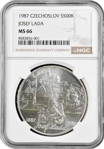 チェコスロバキア 500クローネ 1987年 NGC MS66、「ヨゼフ・ラダ生誕100周年」|WORLD RESOURCE【QUEEN店】