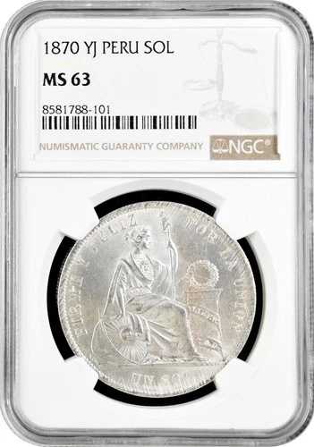 ペルー 1ソル 1870 YJ、NGC MS63、「ペルー共和国（1863 - 1917）」銀貨 -