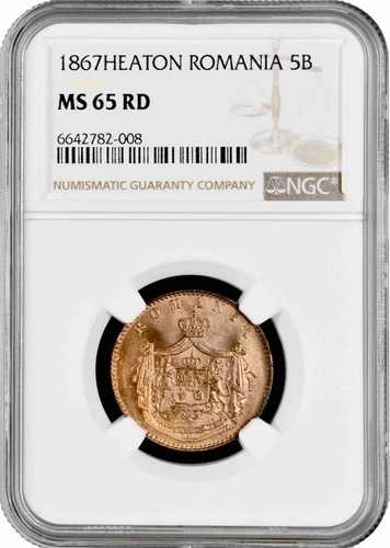 ルーマニア 5 バニ 1867 ヒートン、NGC MS65 RD、「ドムニター チャールズ 1 世 (1866 - 1881)」-｜WORLD RESOURCE【QUEEN店】