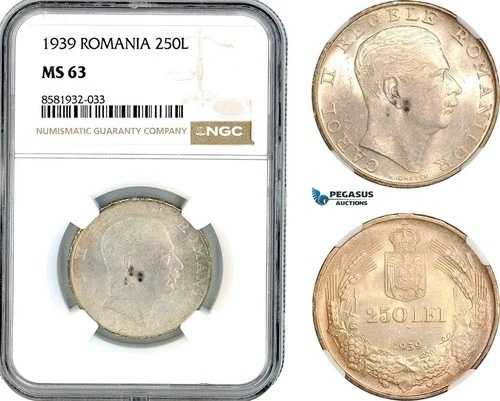 AL056、ルーマニア、カロル2世、250レイ、1939年、ブカレスト造幣局、銀貨、NGC MS63