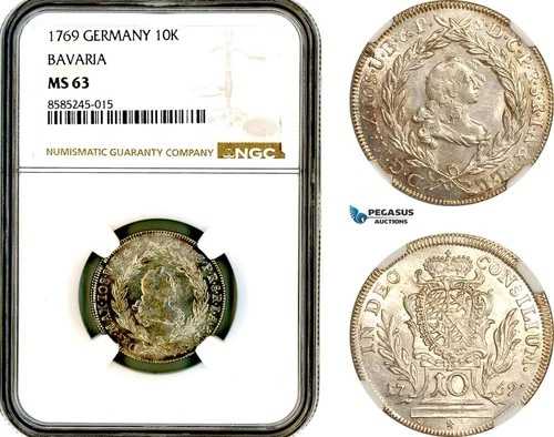 AL447、ドイツ、バイエルン、マクシミリアン3世ヨーゼフ、10クロイツァー、1769年、銀、NGC MS63