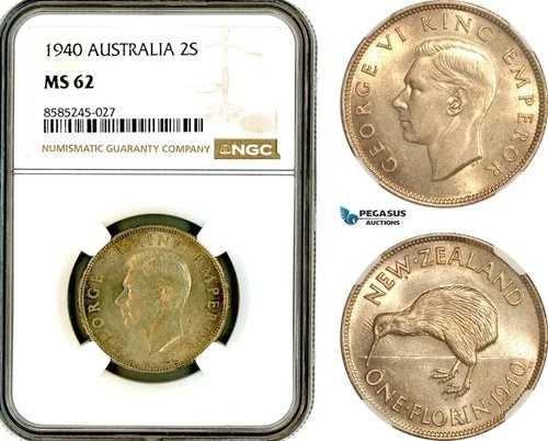 AL451、ニュージーランド、ジョージ6世、1フローリン-2シリング、1940年、銀、NGC MS62