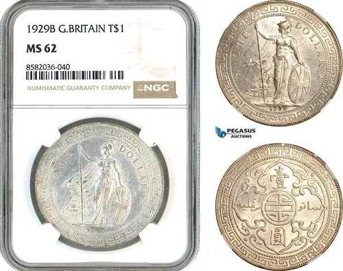 AL161、イギリス、貿易ドル 1929 B、ボンベイ造幣局、銀貨、NGC MS62