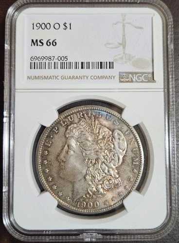 1900-O MS66 モルガン銀貨（トーンあり）～NGC認定。ブルートーンのシェード