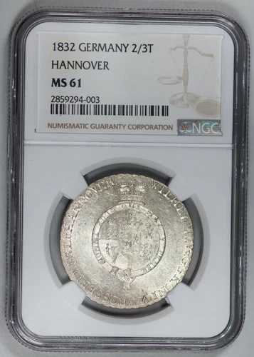 トップポップ！1832年 ドイツ ハノーバー銀貨 2/3ターラー 1832 NGC MS61 UNC