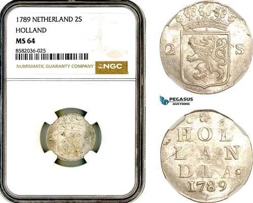 AL403、オランダ、オランダ、2 Stuivers 1789、シルバー、NGC MS64、トップ ポップ!