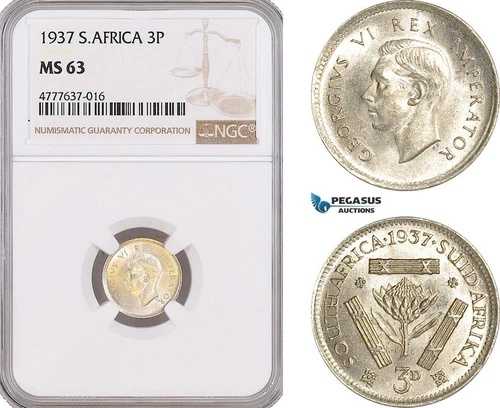 AF146 南アフリカ、ユニオン、ジョージ6世記念スリーペンス（3ペンス）1937年、銀貨、NGC MS63｜WORLD RESOURCE【QUEEN店】