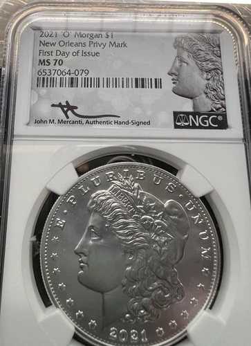 2021 O モルガン シルバー ダラー - NGC MS70 ~ 希少 FDOI 初日マーカンティ サイン入り