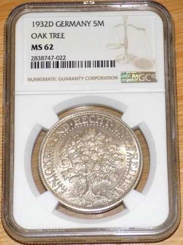 1932D 5マルク銀貨 ドイツ ワイマール共和国 オークツリー NGC MS62 未流通コイン