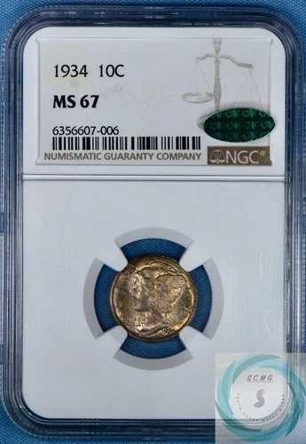 1934 年マーキュリー ダイム NGC MS 67、CAC 裏書付き - レインボー & サンセット オレンジ トーン!