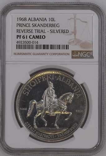 1968 アルバニア 10 レケ 「リバース トライアル - シルバー」 NGC PF 61 カメオ *SKANDERBEG*